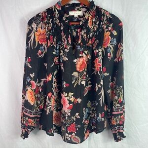 LOFT Women's Long Sleeves Smocked Floral Blouse Top Shirt Size S Black Boho